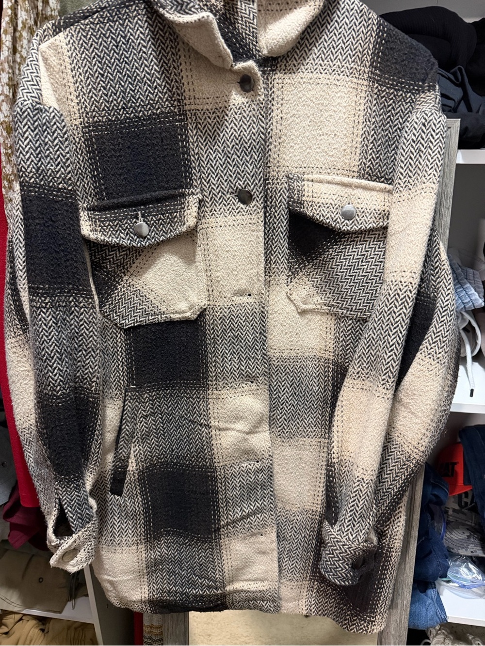 She + Sky Black and Cream Plaid Shacket Jacket